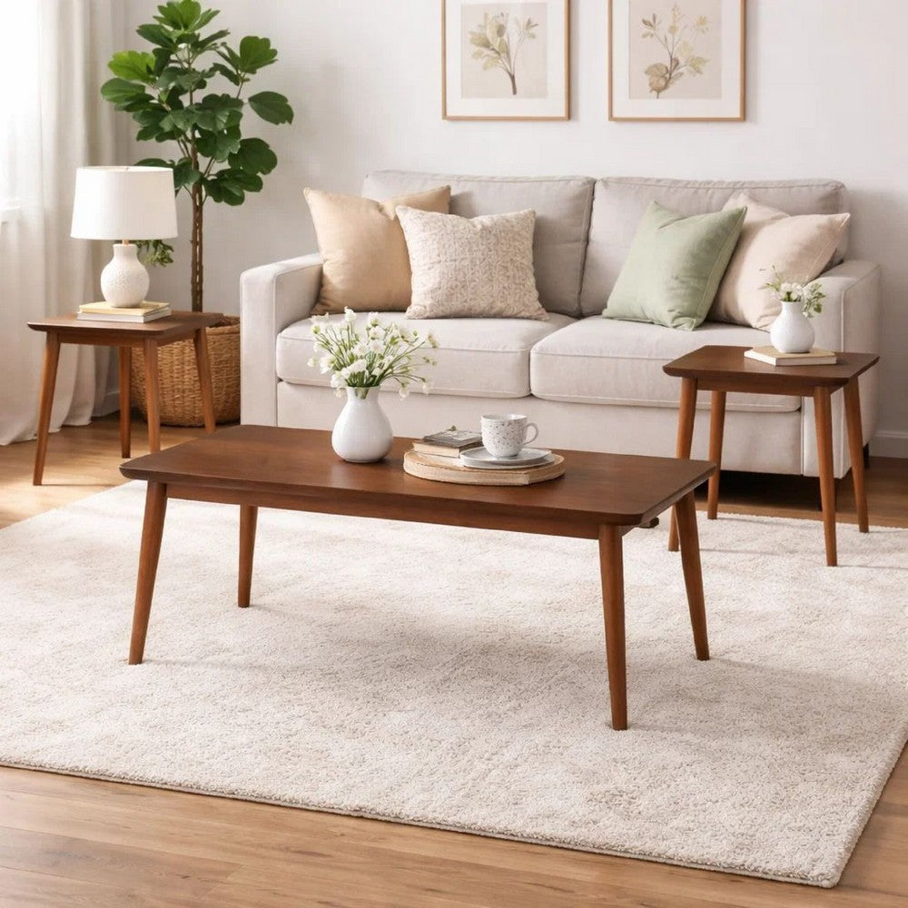 Benjara 3 Piece Rectangular Coffee And Square End Table Set, Rich Walnut Brown Wood