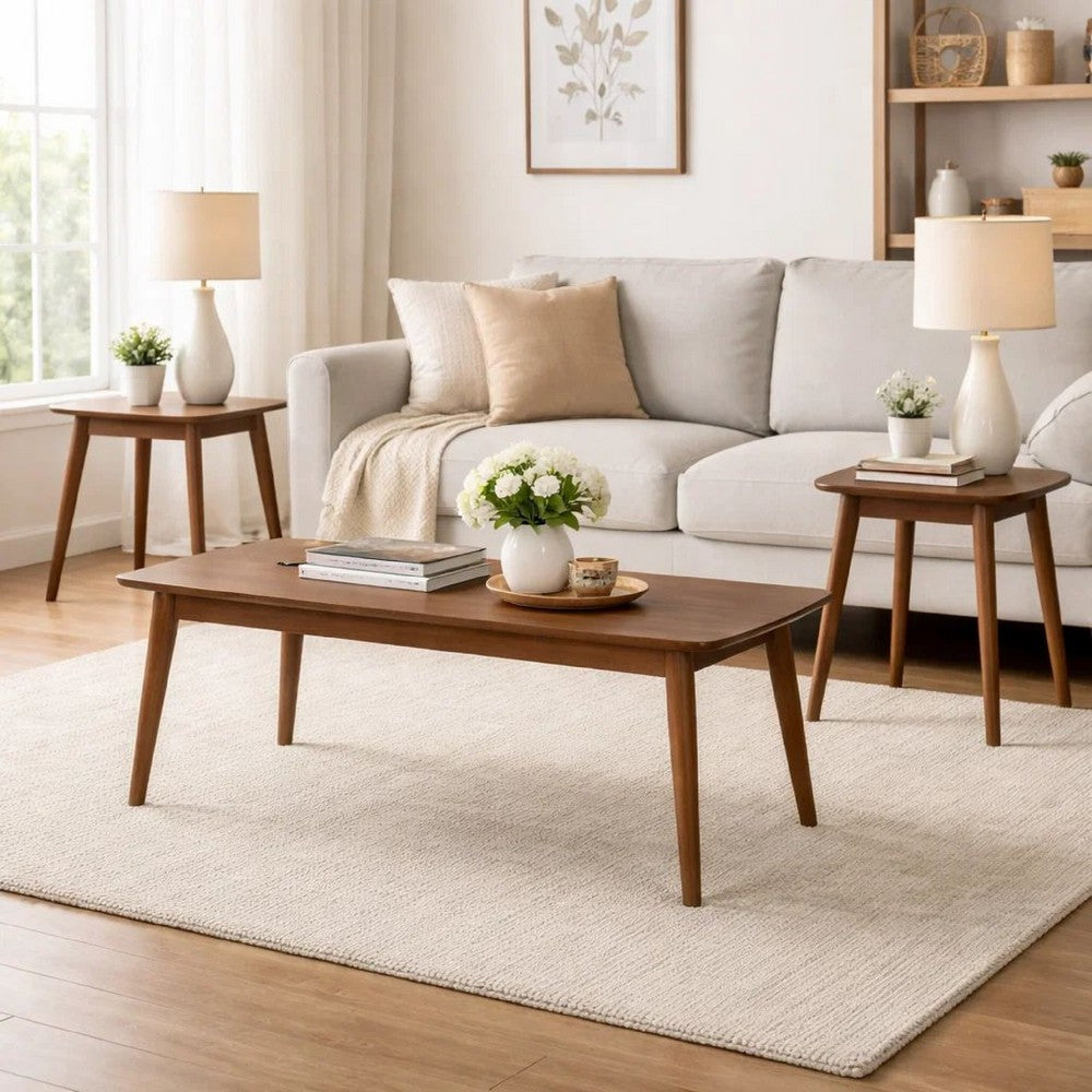 Benjara 3 Piece Rectangular Coffee And Square End Table Set, Rich Walnut Brown Wood