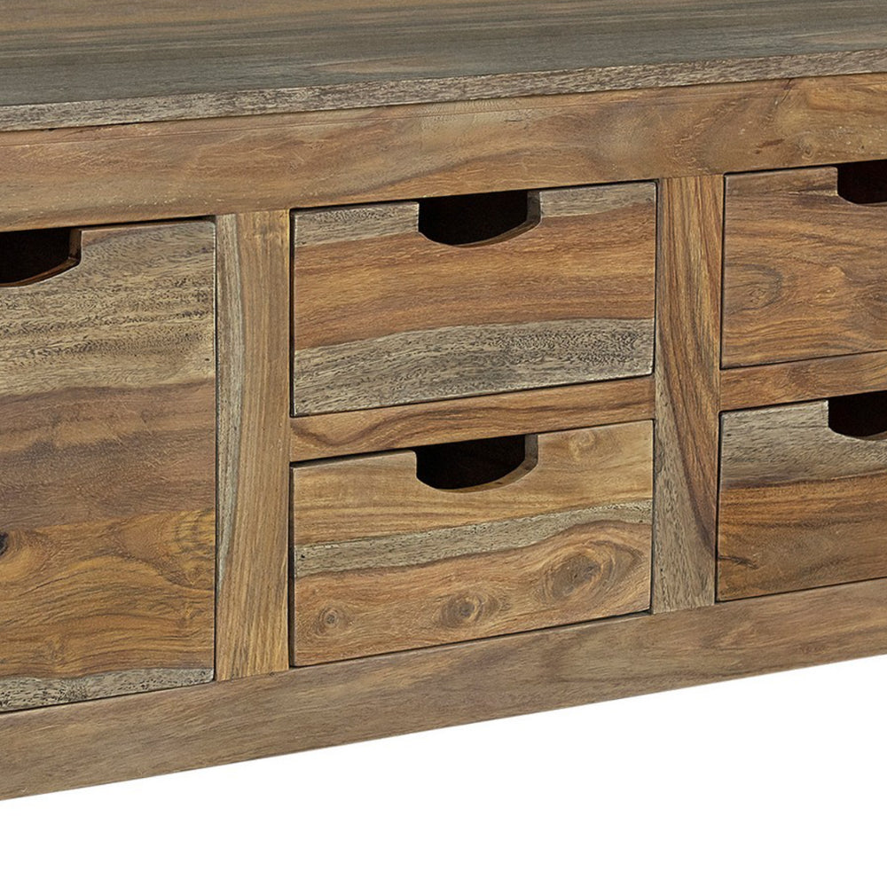Benjara Dale 53 Inch Rustic Storage Coffee Table, 6 Gliding Pull Out Drawers, Brown