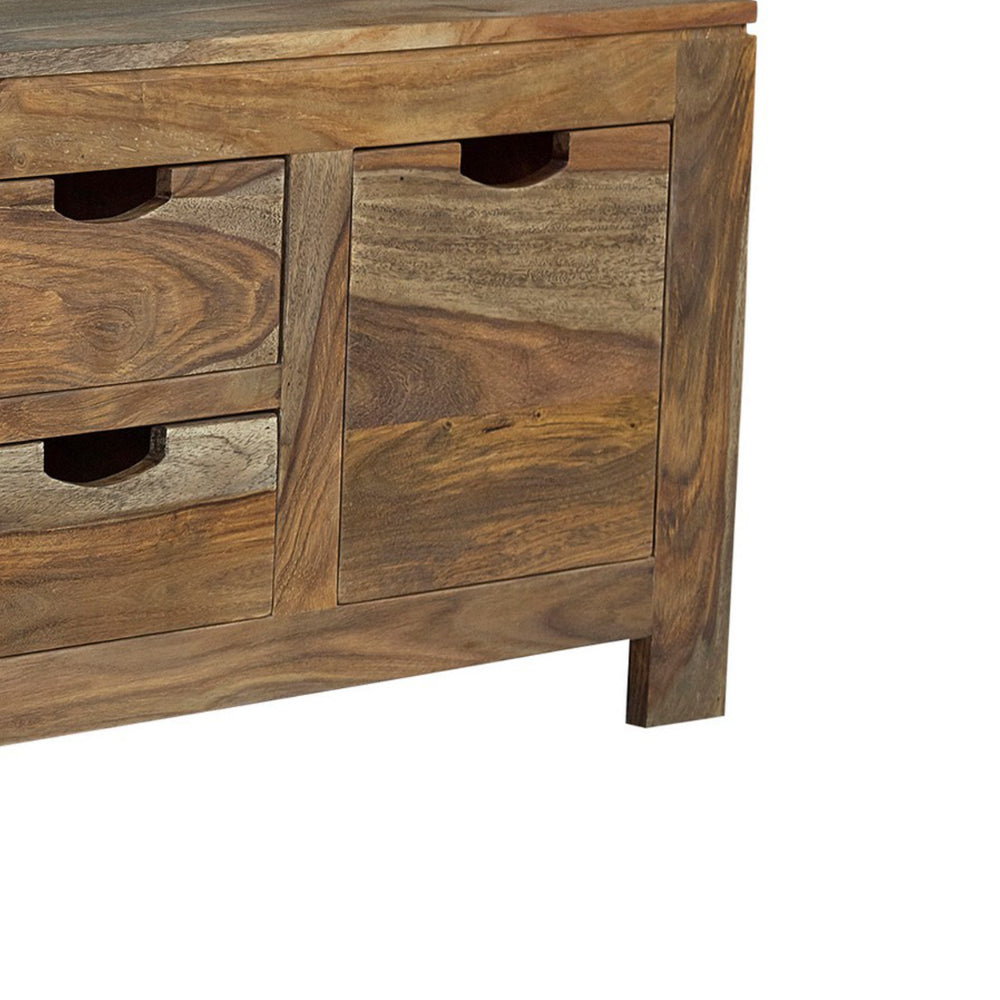 Benjara Dale 53 Inch Rustic Storage Coffee Table, 6 Gliding Pull Out Drawers, Brown