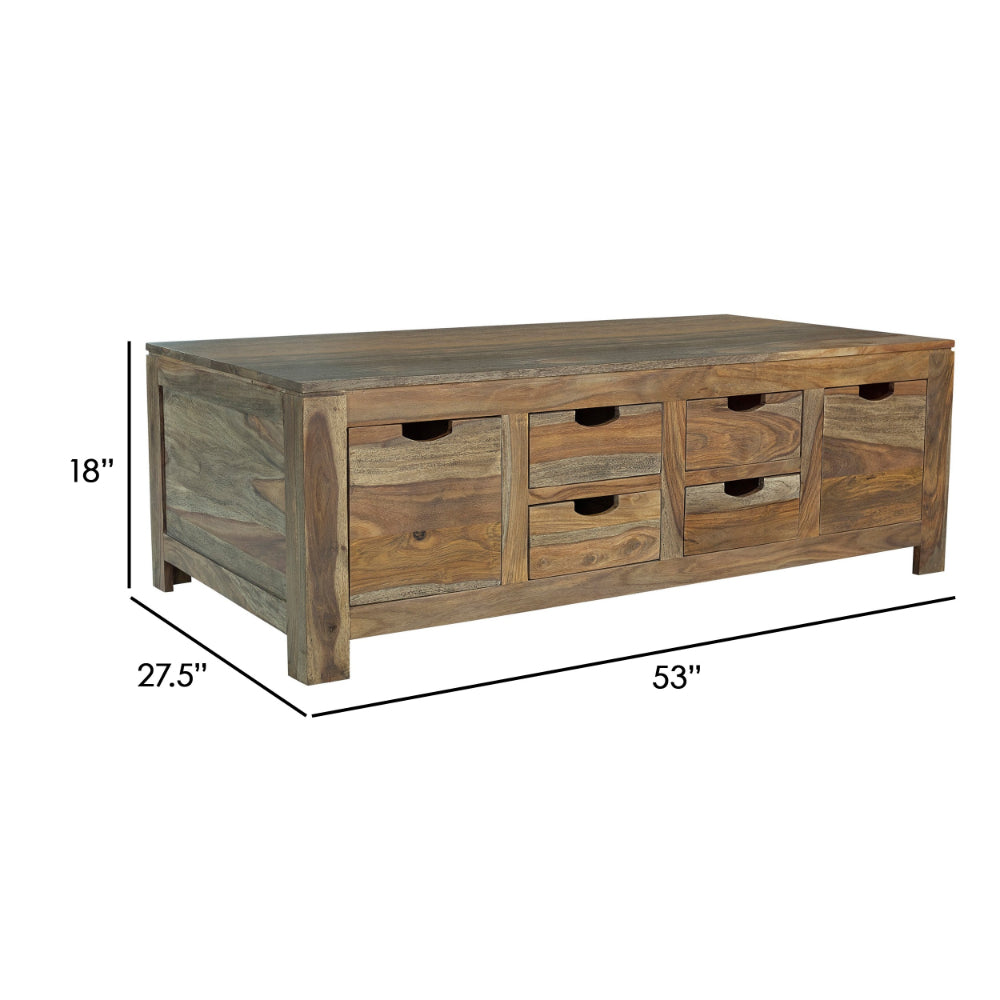 Benjara Dale 53 Inch Rustic Storage Coffee Table, 6 Gliding Pull Out Drawers, Brown