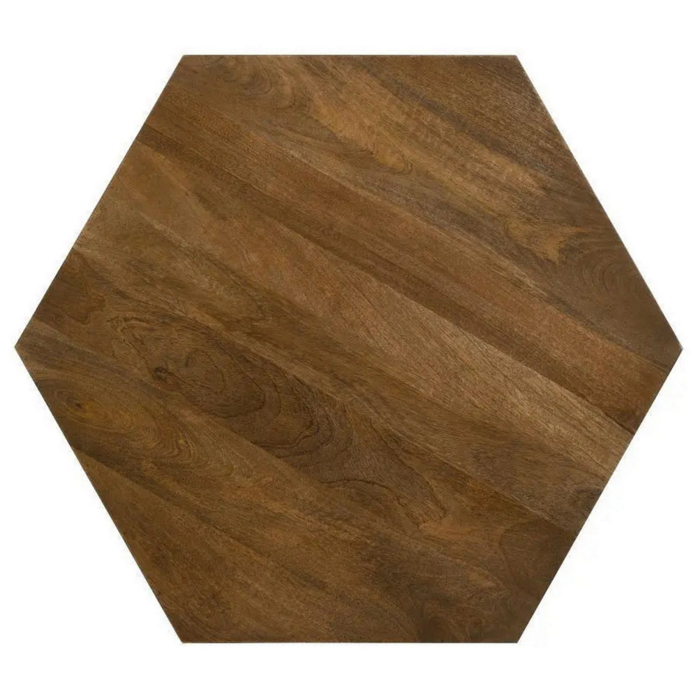 Benjara 35 Inch Wood Drum Coffee Table, Artisan Hexagonal Rich Natural Brown Finish