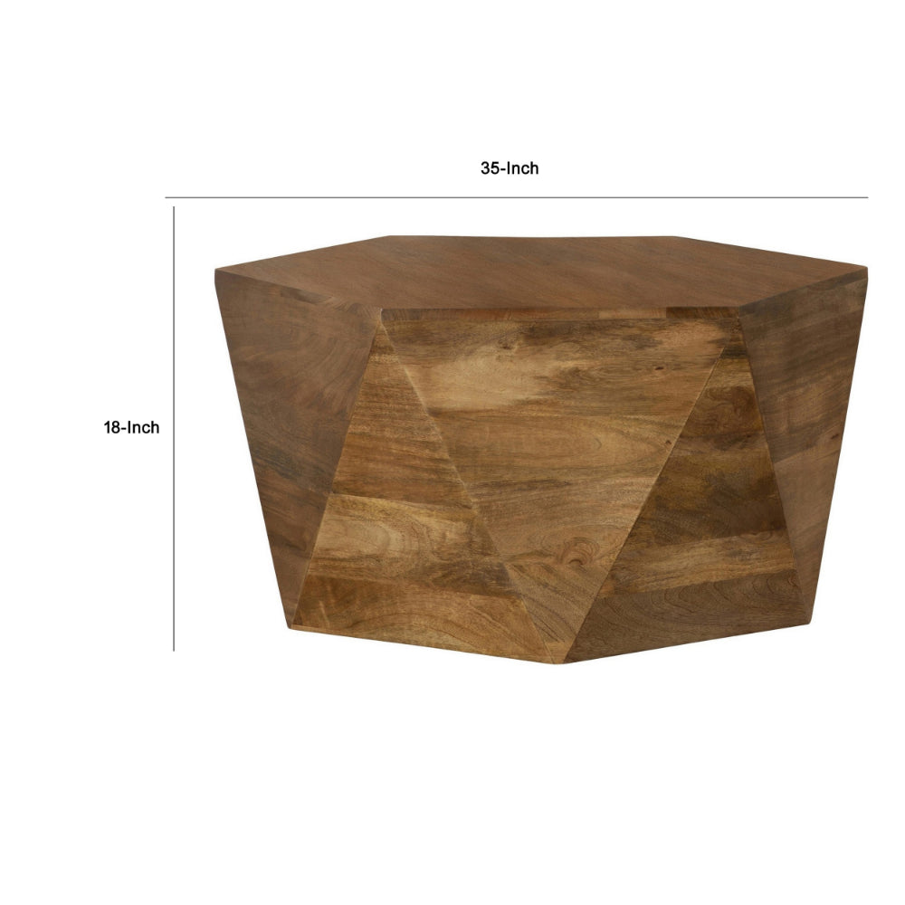 Benjara 35 Inch Wood Drum Coffee Table, Artisan Hexagonal Rich Natural Brown Finish