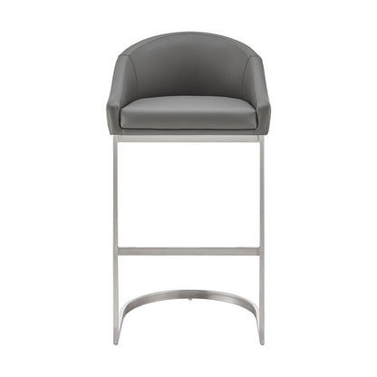 Benjara Lina 28 Inch Bar Stool Chair, Metal Cantilever Base, Gray Faux Leather