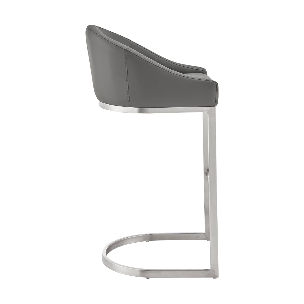 Benjara Lina 28 Inch Bar Stool Chair, Metal Cantilever Base, Gray Faux Leather