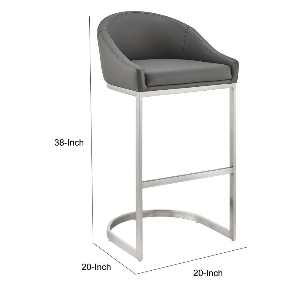 Benjara Lina 28 Inch Bar Stool Chair, Metal Cantilever Base, Gray Faux Leather