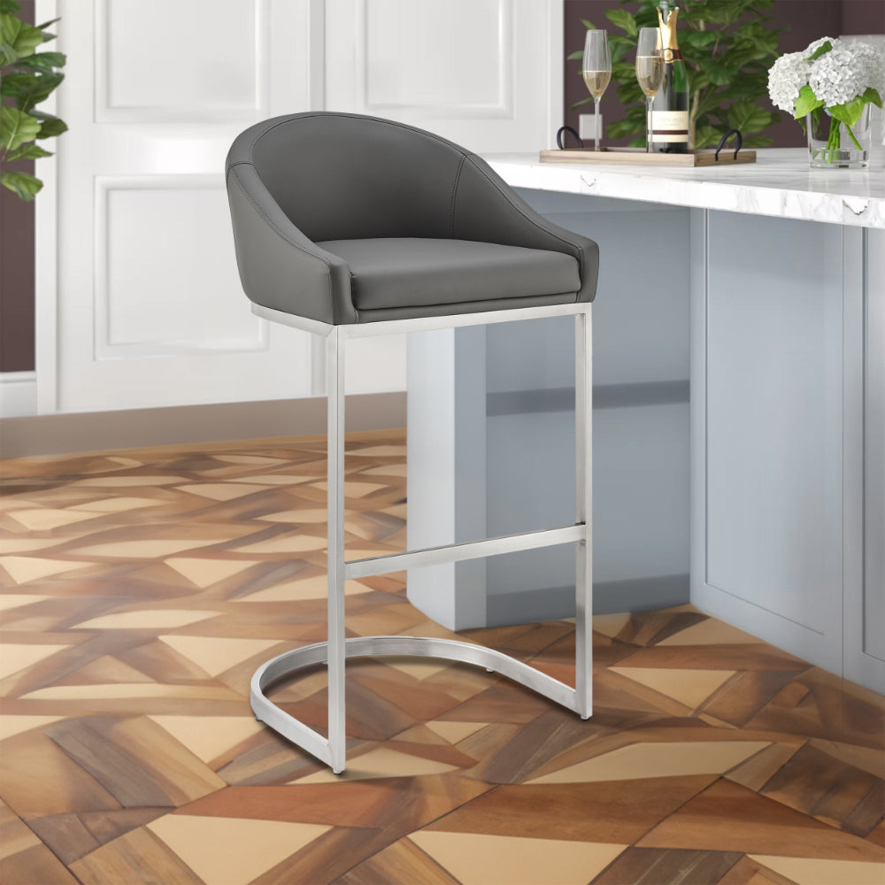 Benjara Lina 28 Inch Bar Stool Chair, Metal Cantilever Base, Gray Faux Leather