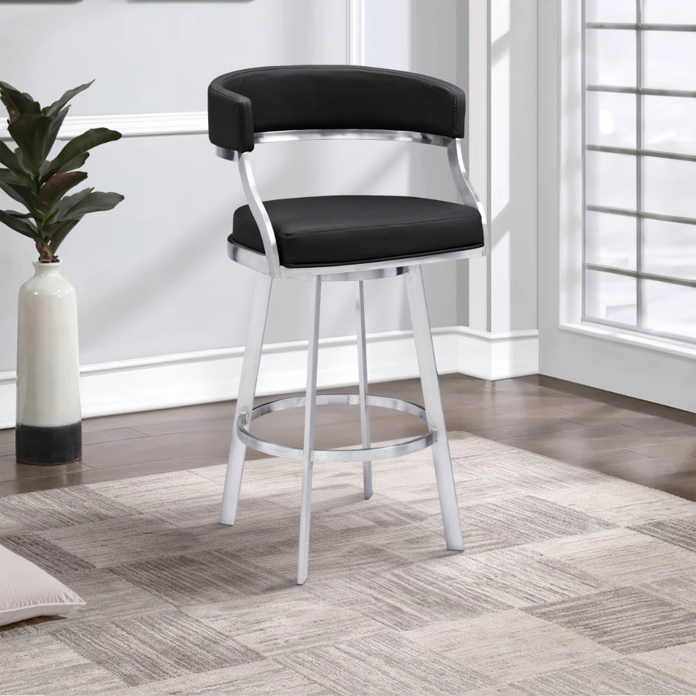 Benjara Ava 26 Inch Swivel Counter Stool Chair, Open Back Steel, Black Faux Leather