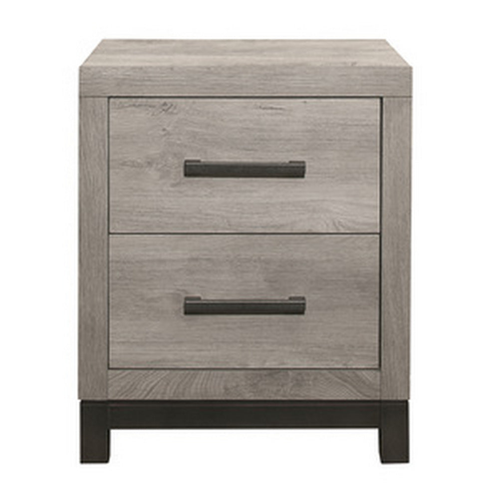 Benjara Deena 25 Inch Classic 2 Drawer Nightstand, Metal Handles, Wood Grain Gray