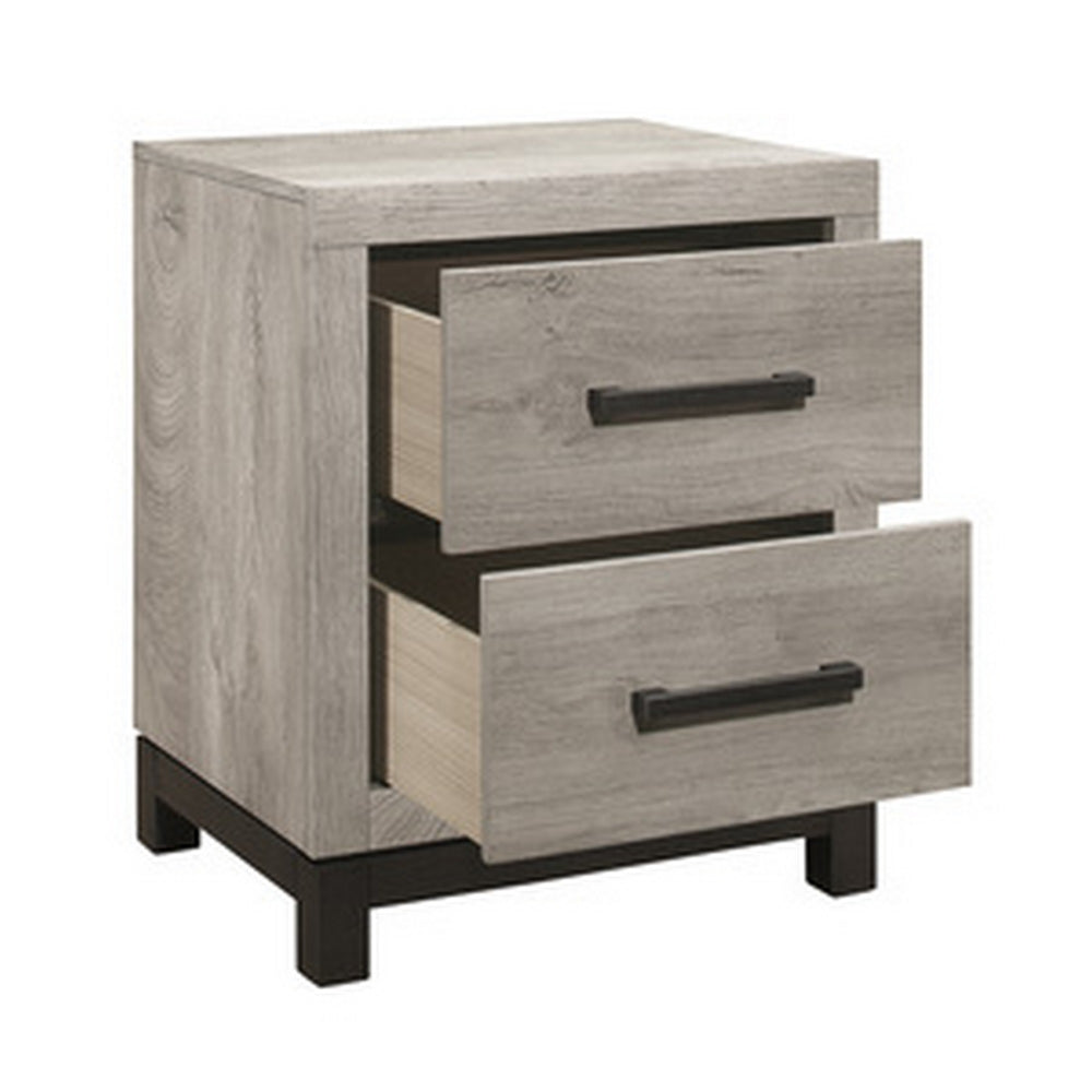 Benjara Deena 25 Inch Classic 2 Drawer Nightstand, Metal Handles, Wood Grain Gray