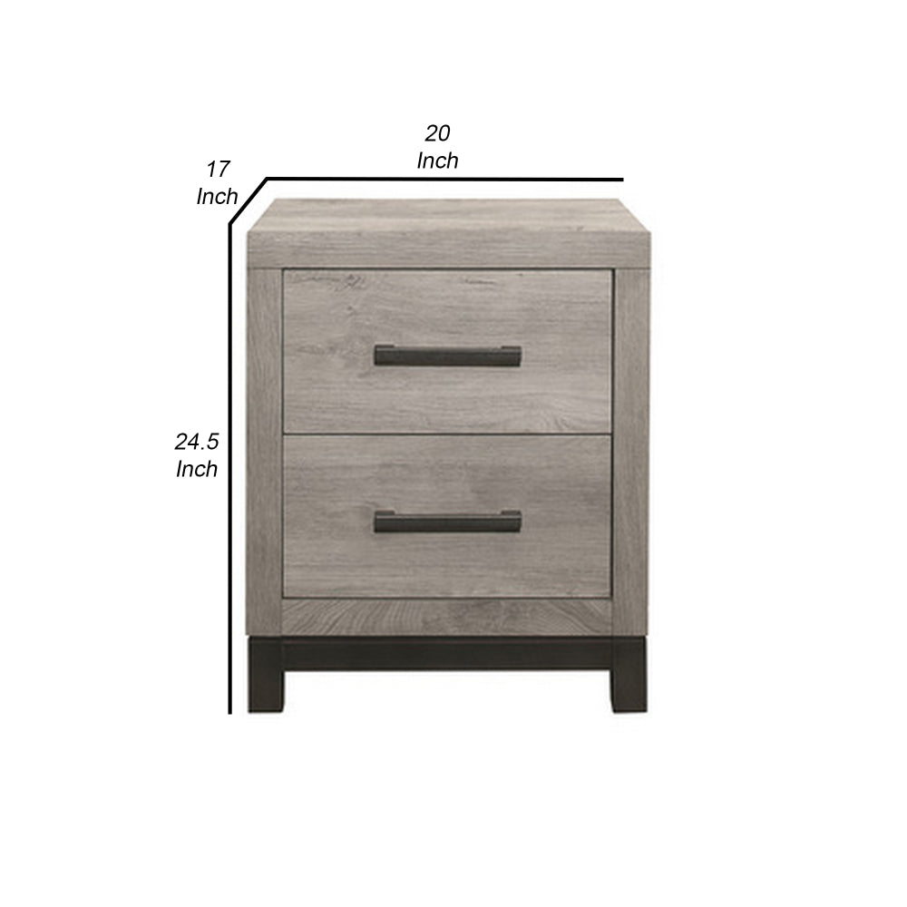 Benjara Deena 25 Inch Classic 2 Drawer Nightstand, Metal Handles, Wood Grain Gray
