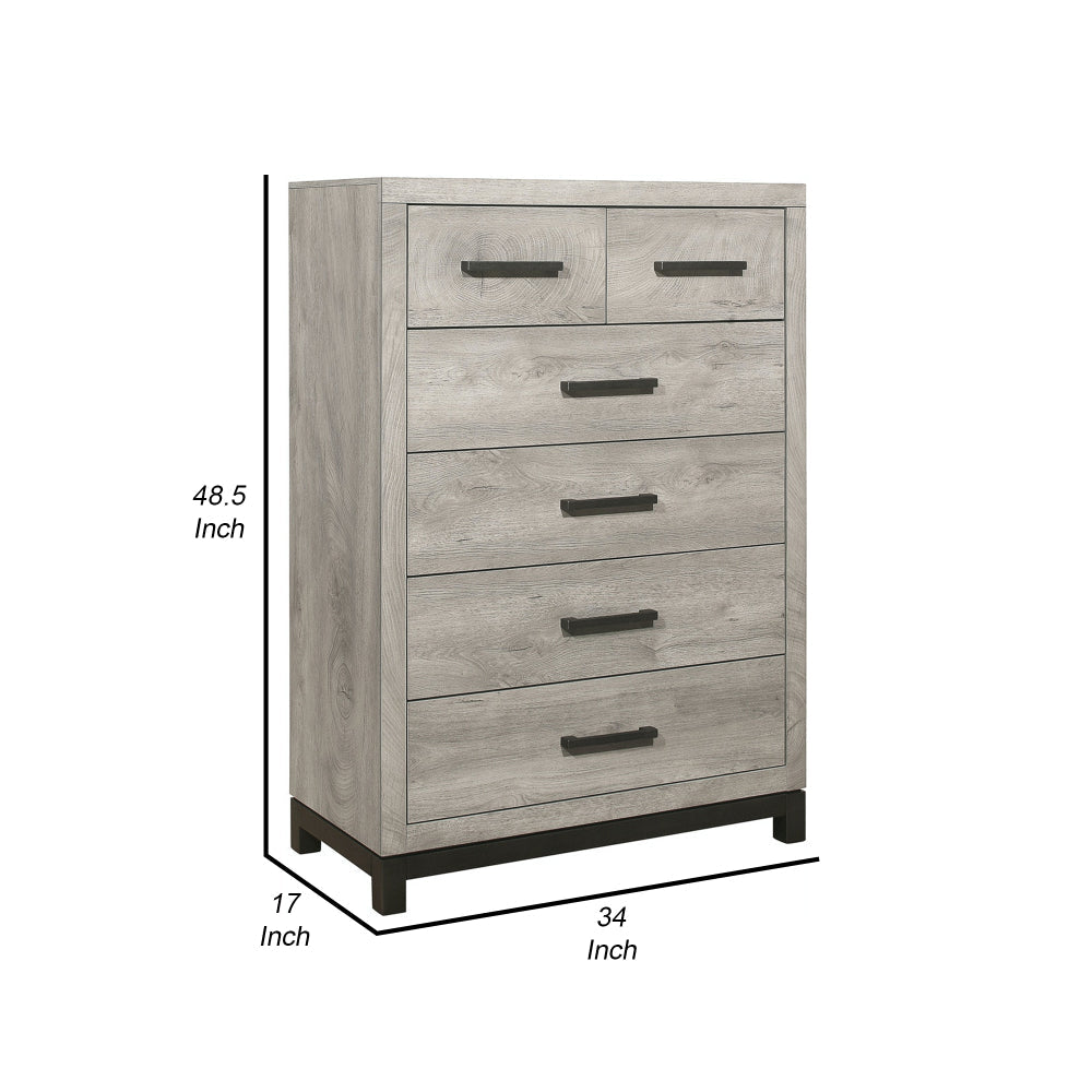 Benjara Deena 49 Inch 6 Drawer Tall Dresser Chest with Metal Handles, Light Gray