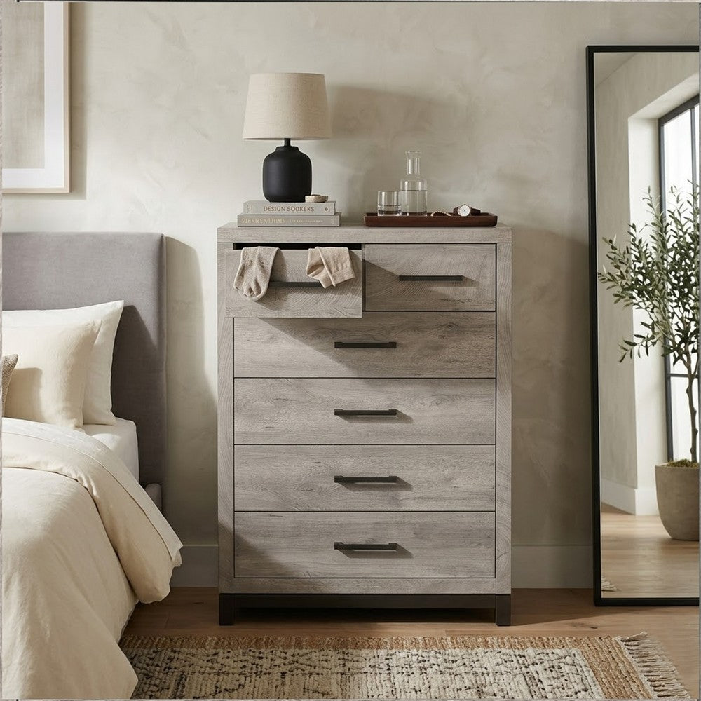 Benjara Deena 49 Inch 6 Drawer Tall Dresser Chest with Metal Handles, Light Gray