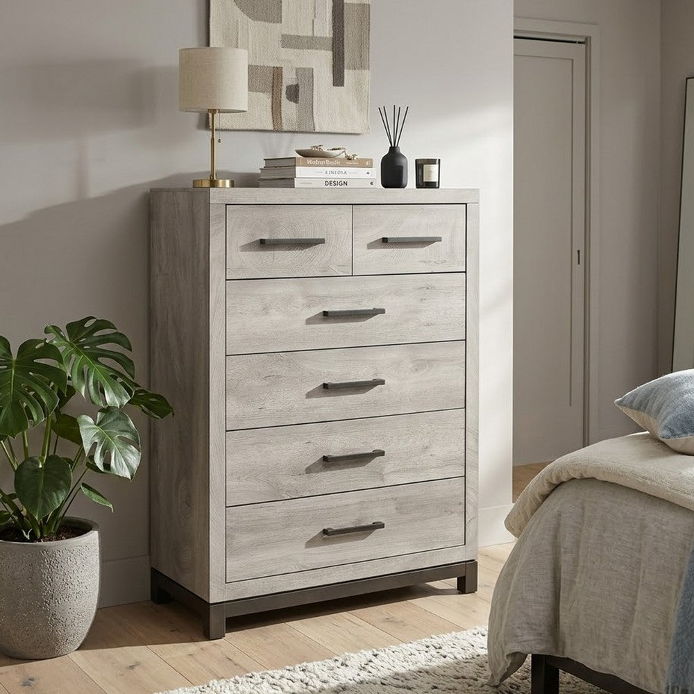 Benjara Deena 49 Inch 6 Drawer Tall Dresser Chest with Metal Handles, Light Gray
