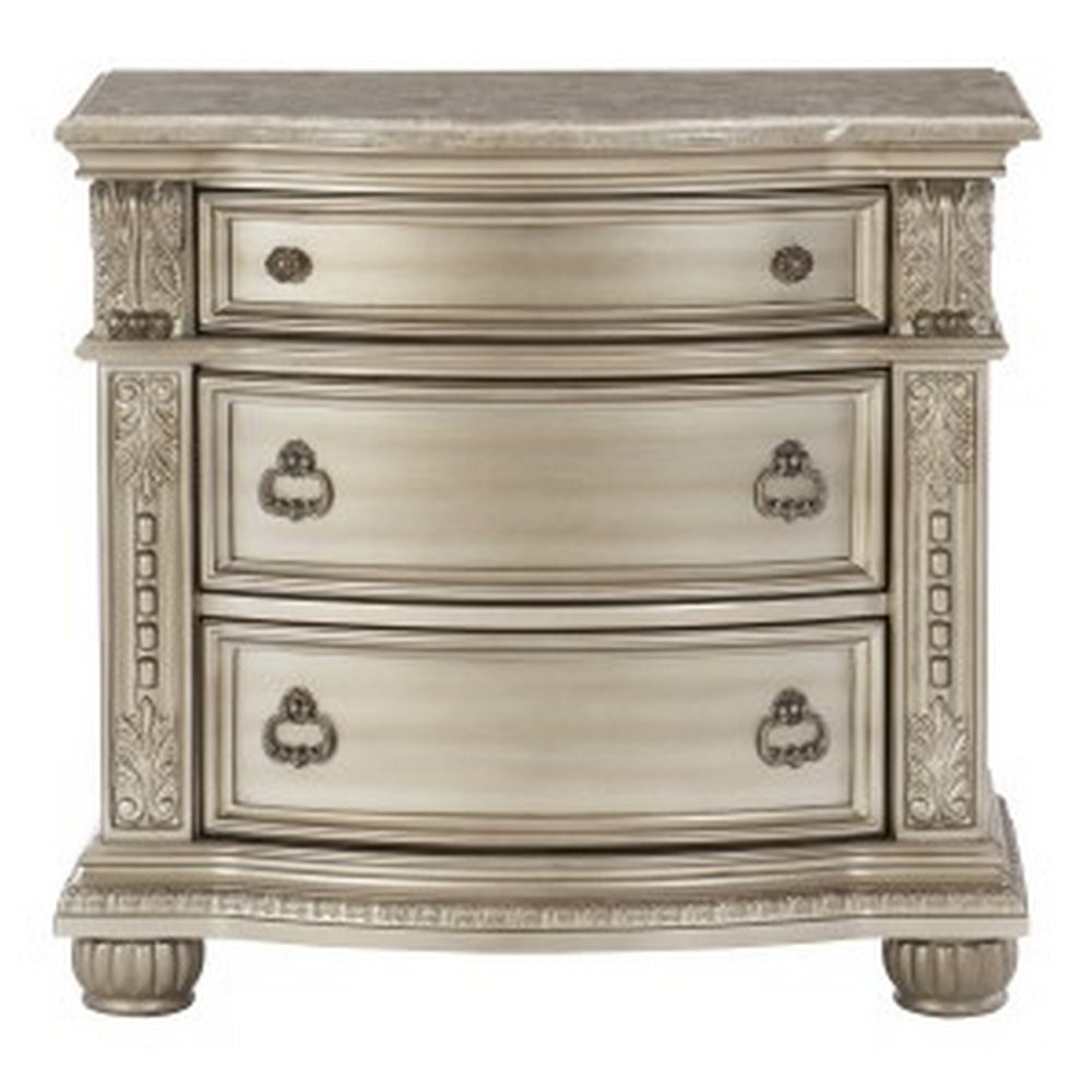 Benjara Caitlin 35 Inch 3 Drawer Nightstand with Marble Top, Leaf Carvings, Silver