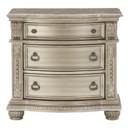Benjara Caitlin 35 Inch 3 Drawer Nightstand with Marble Top, Leaf Carvings, Silver
