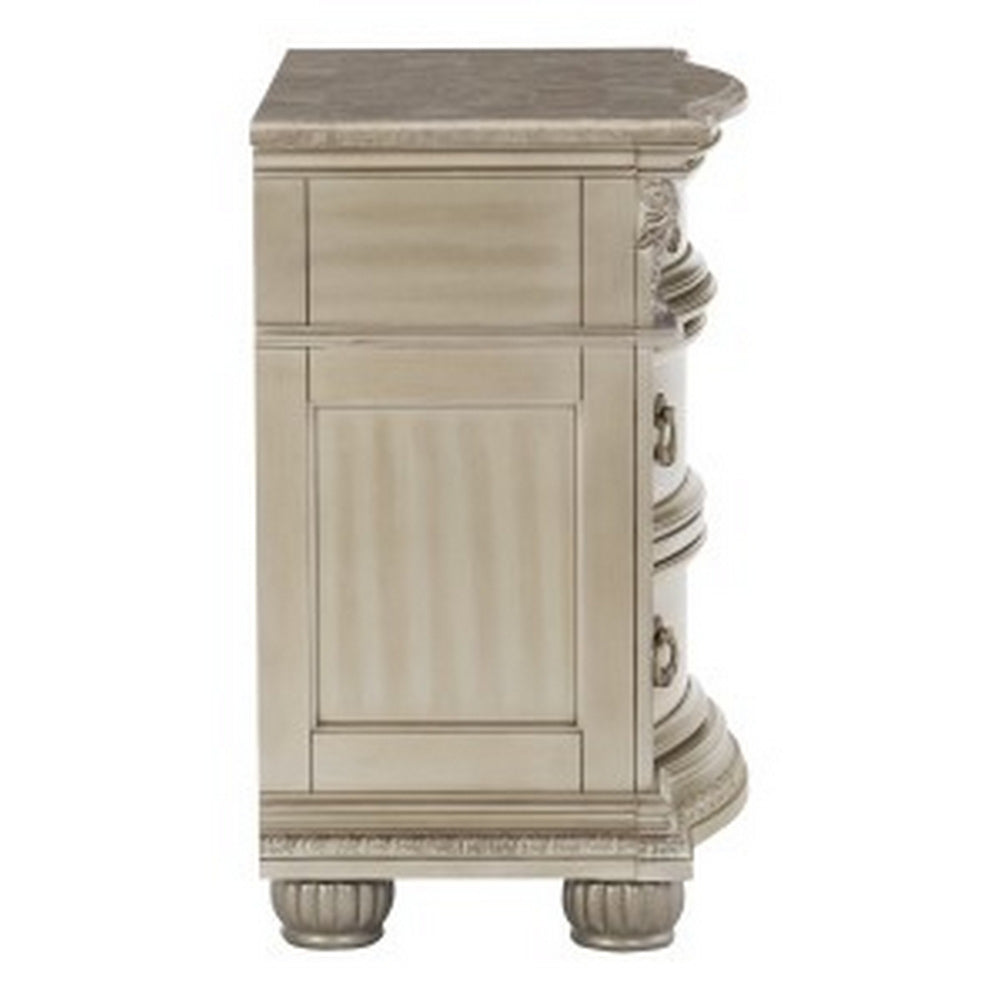 Benjara Caitlin 35 Inch 3 Drawer Nightstand with Marble Top, Leaf Carvings, Silver