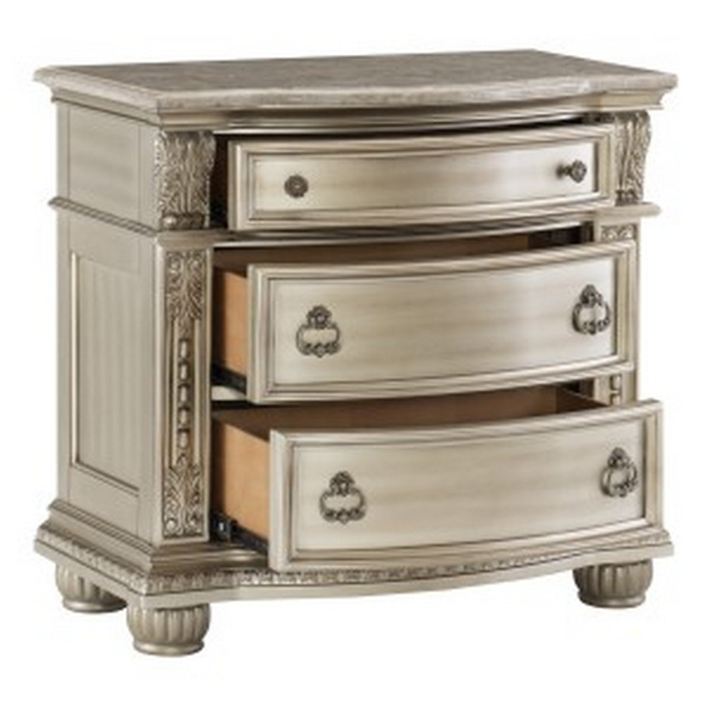 Benjara Caitlin 35 Inch 3 Drawer Nightstand with Marble Top, Leaf Carvings, Silver