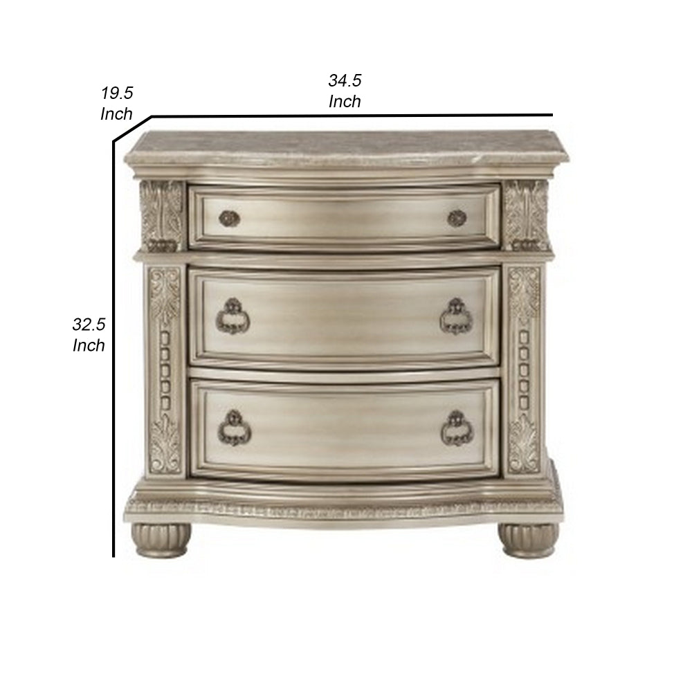 Benjara Caitlin 35 Inch 3 Drawer Nightstand with Marble Top, Leaf Carvings, Silver