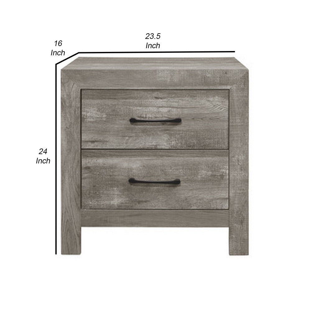 Benjara Adia 24 Inch Classic 2 Drawer Nightstand, Metal Handles, Rustic Gray Finish