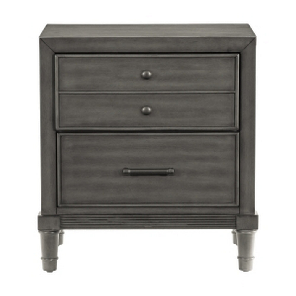 Benjara Ceila 27 Inch Classic 2 Drawer Nightstand, Round Tapered Legs, Gray Finish