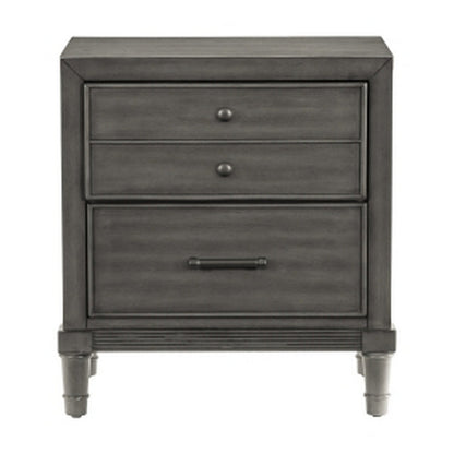 Benjara Ceila 27 Inch Classic 2 Drawer Nightstand, Round Tapered Legs, Gray Finish