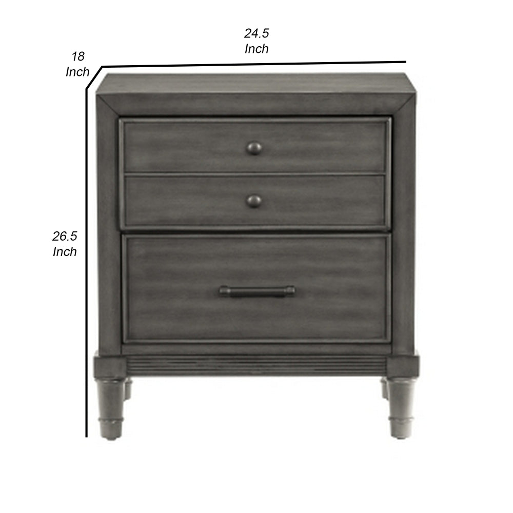 Benjara Ceila 27 Inch Classic 2 Drawer Nightstand, Round Tapered Legs, Gray Finish