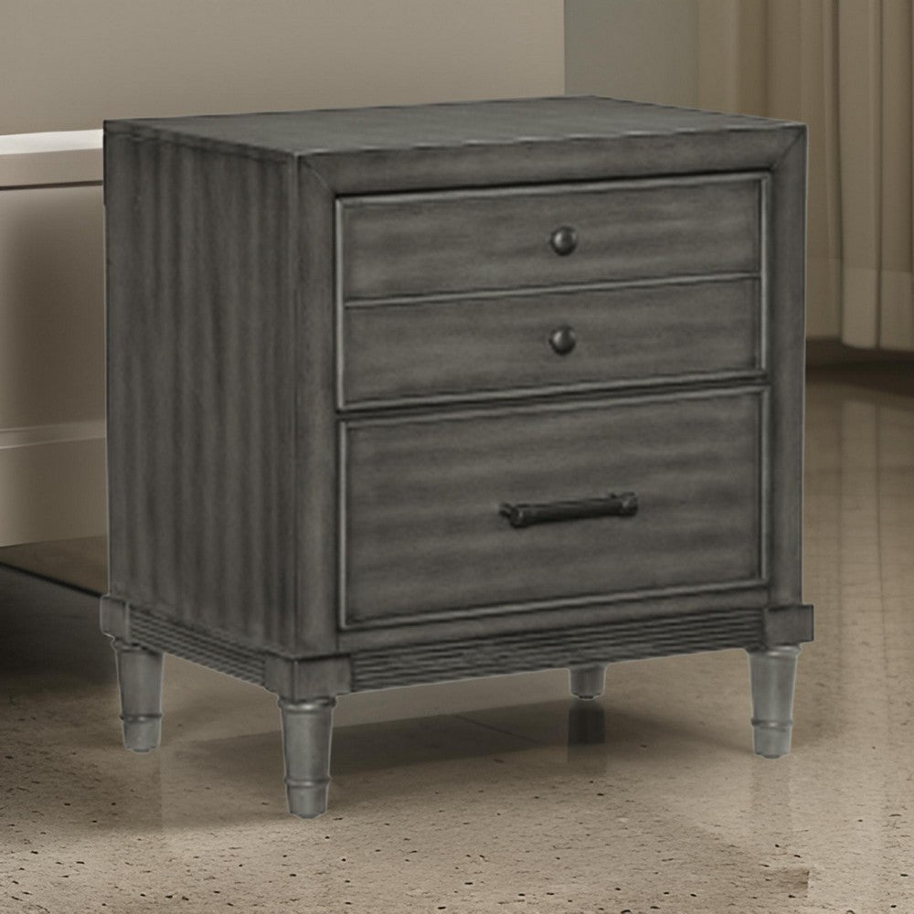 Benjara Ceila 27 Inch Classic 2 Drawer Nightstand, Round Tapered Legs, Gray Finish