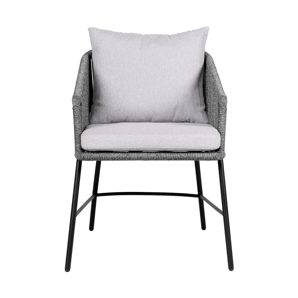 Benjara 25 Inch Patio Dining Chair, Matte Black Steel Frame, Gray Rope Woven Seat