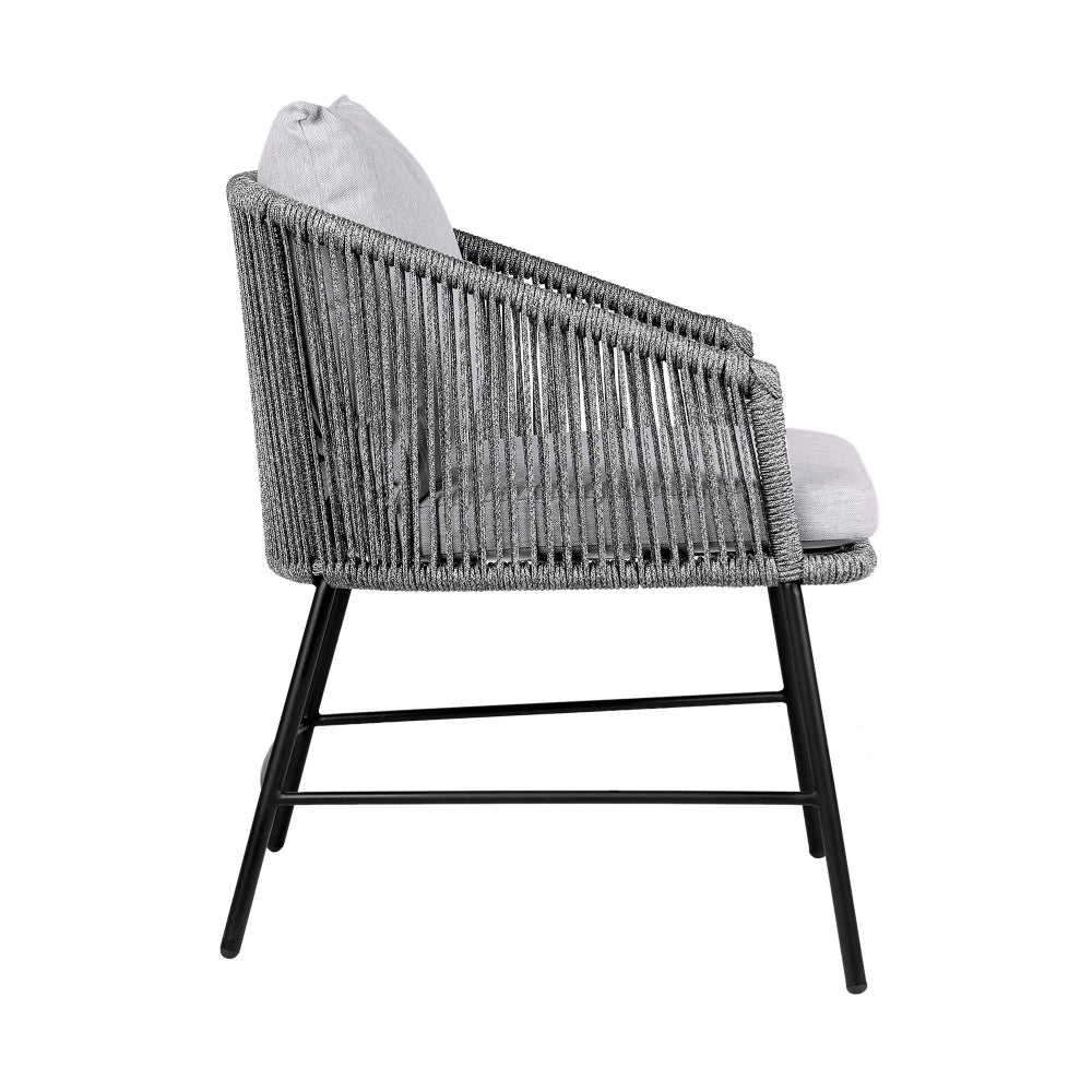 Benjara 25 Inch Patio Dining Chair, Matte Black Steel Frame, Gray Rope Woven Seat