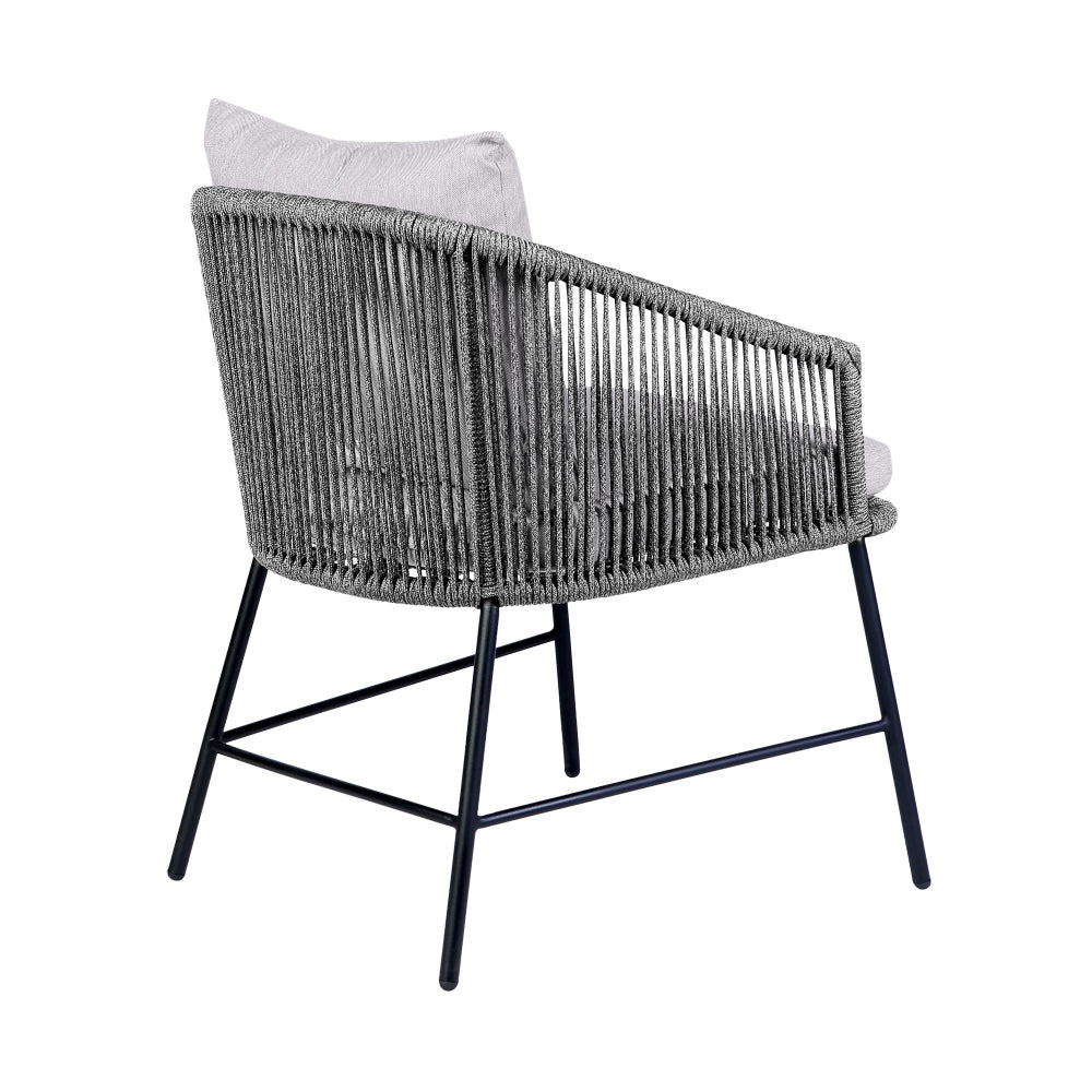 Benjara 25 Inch Patio Dining Chair, Matte Black Steel Frame, Gray Rope Woven Seat