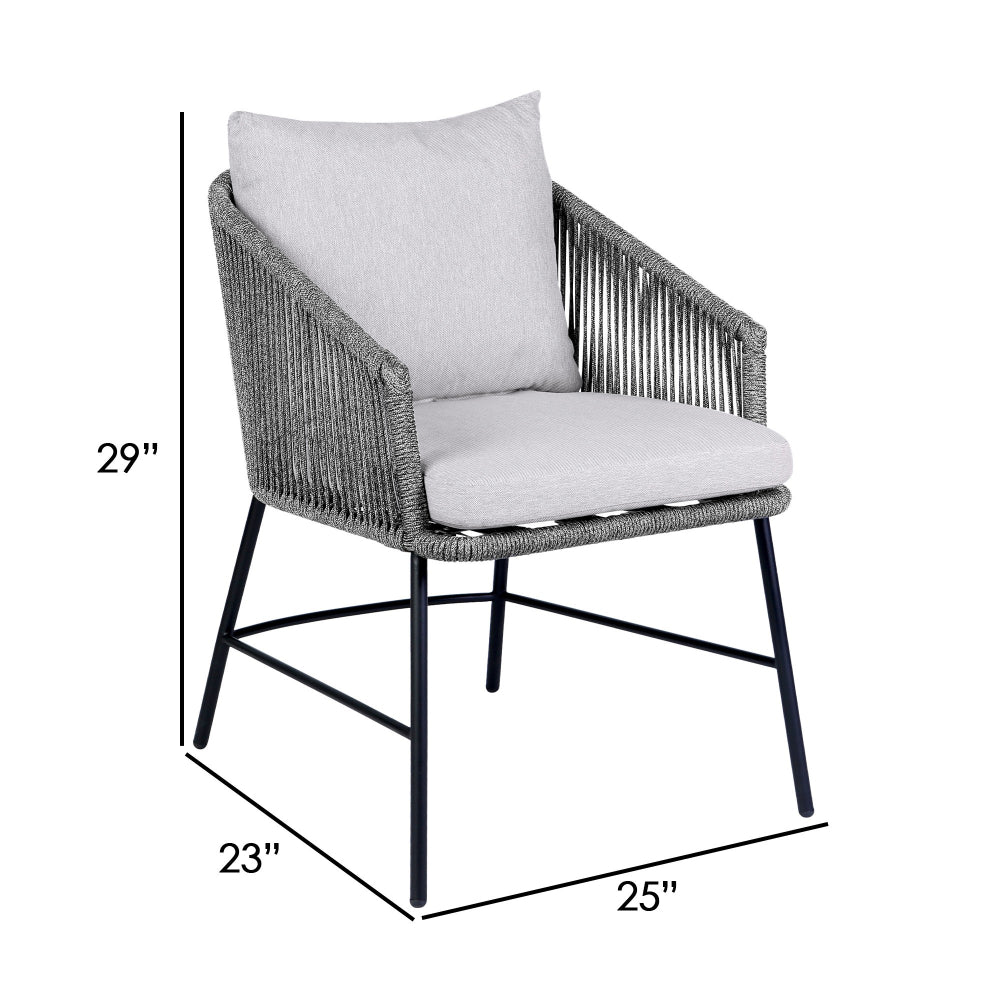 Benjara 25 Inch Patio Dining Chair, Matte Black Steel Frame, Gray Rope Woven Seat