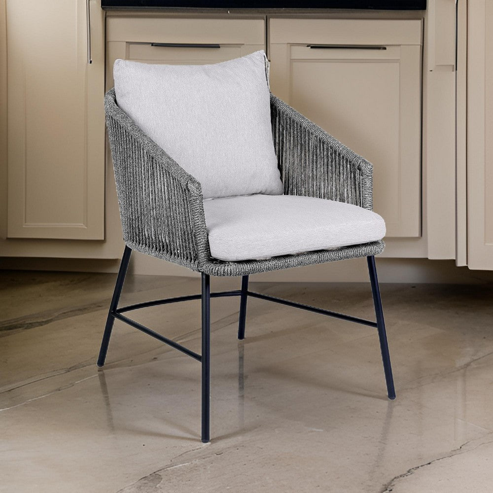 Benjara 25 Inch Patio Dining Chair, Matte Black Steel Frame, Gray Rope Woven Seat