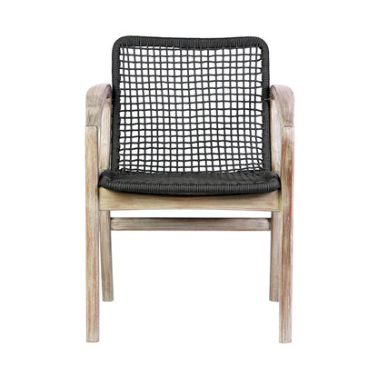 Benjara Tye 25 Inch Patio DIning Chair, Light Eucalyptus Wood, Dark Gray Rope Seat