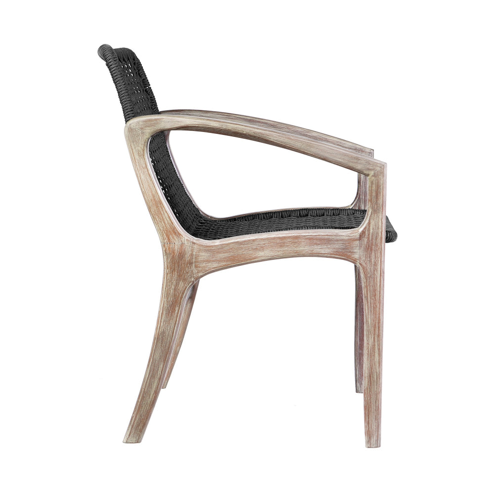 Benjara Tye 25 Inch Patio DIning Chair, Light Eucalyptus Wood, Dark Gray Rope Seat