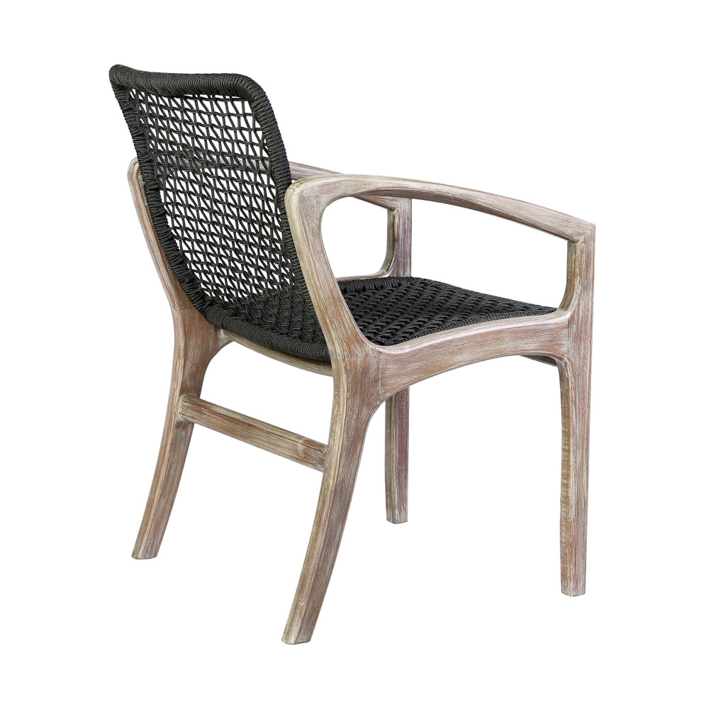 Benjara Tye 25 Inch Patio DIning Chair, Light Eucalyptus Wood, Dark Gray Rope Seat