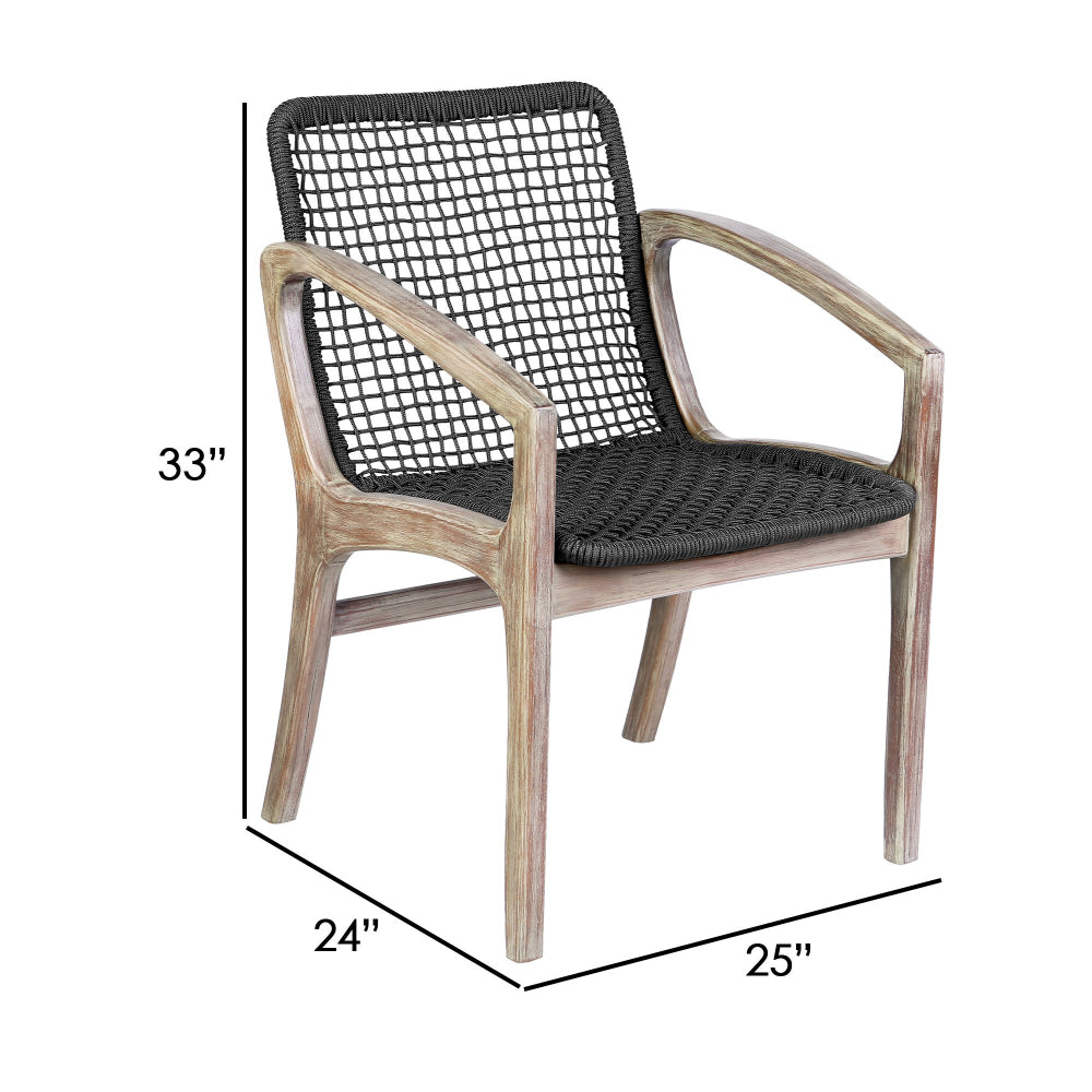Benjara Tye 25 Inch Patio DIning Chair, Light Eucalyptus Wood, Dark Gray Rope Seat