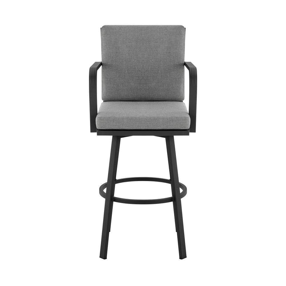 Benjara Faye 30 Inch Modern Patio Barstool, Black Aluminum Frame, Gray Cushions