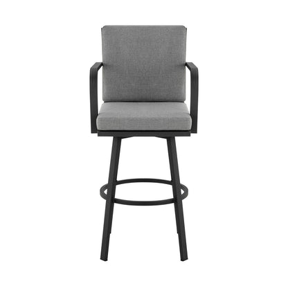 Benjara Faye 30 Inch Modern Patio Barstool, Black Aluminum Frame, Gray Cushions