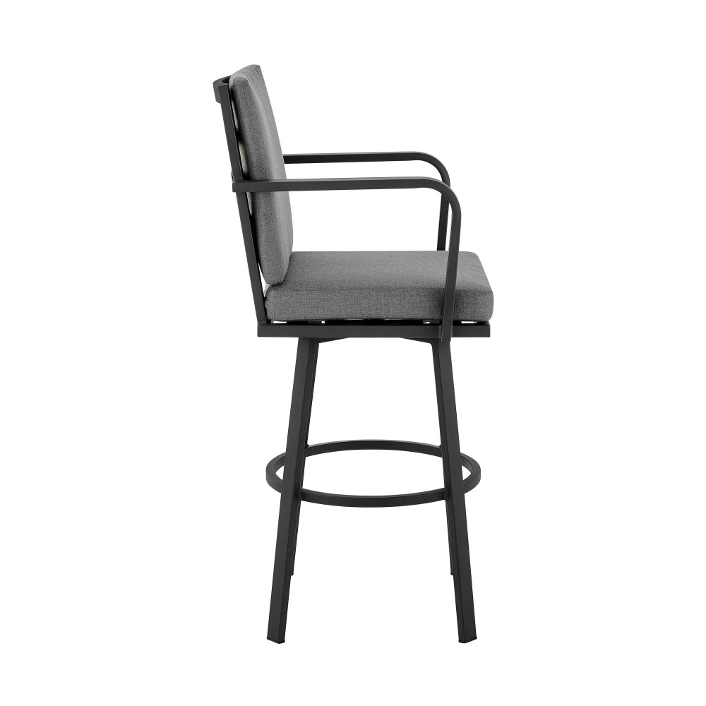 Benjara Faye 30 Inch Modern Patio Barstool, Black Aluminum Frame, Gray Cushions