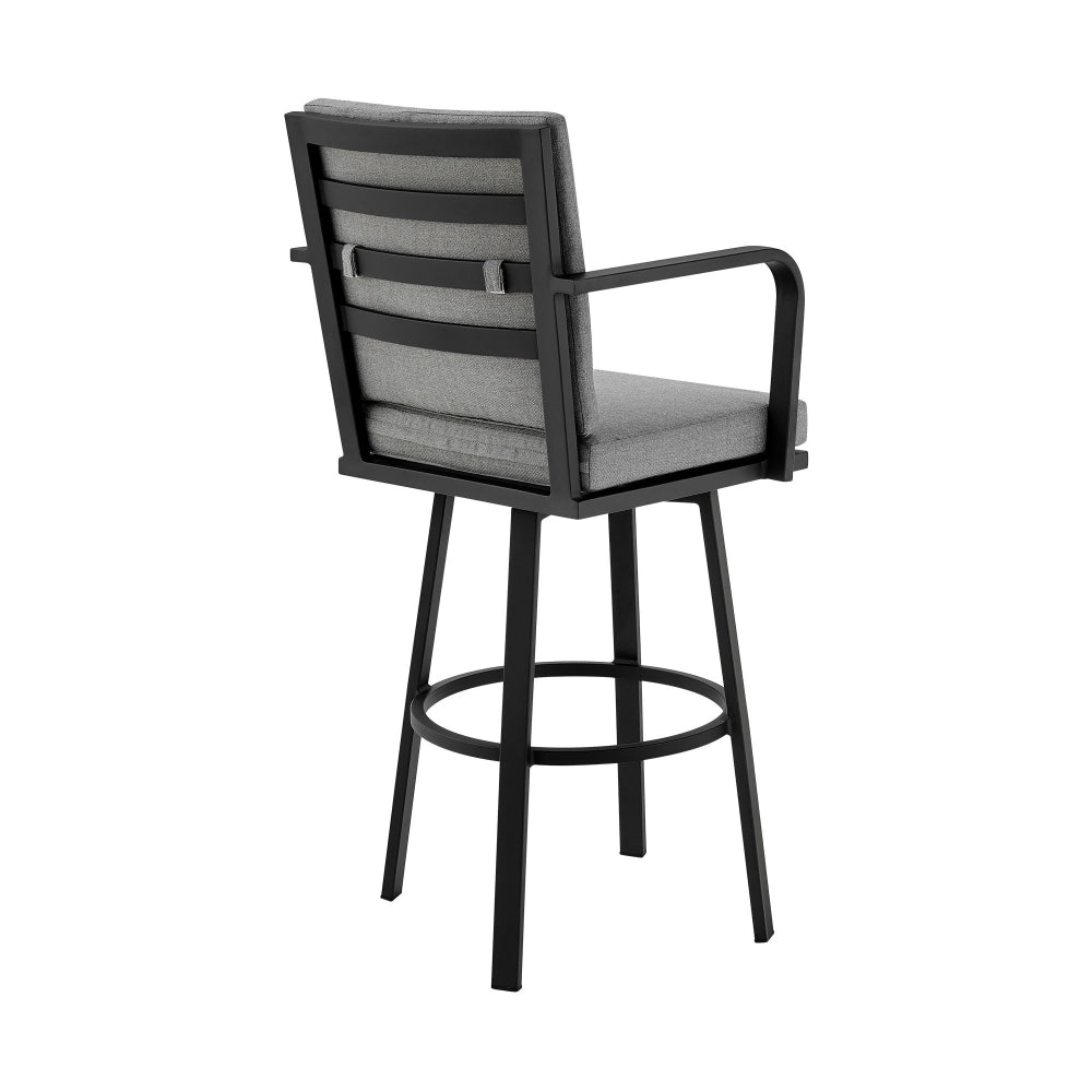 Benjara Faye 30 Inch Modern Patio Barstool, Black Aluminum Frame, Gray Cushions