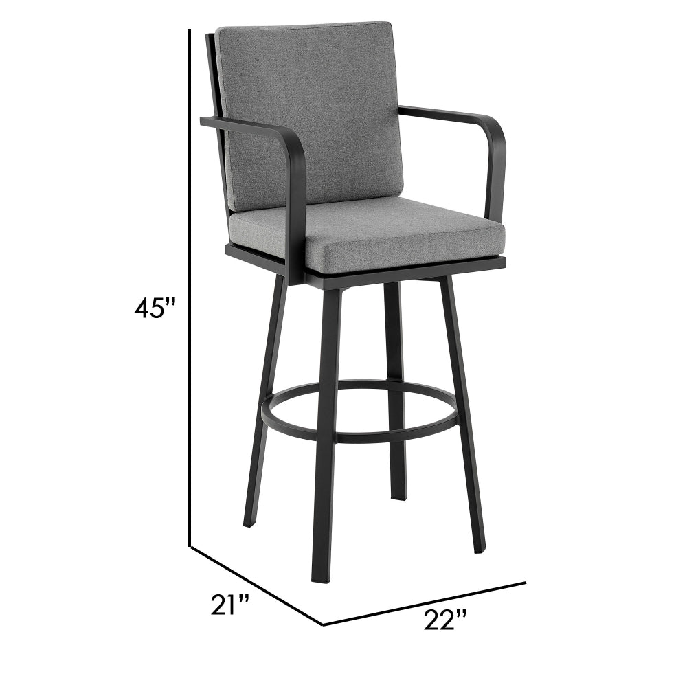 Benjara Faye 30 Inch Modern Patio Barstool, Black Aluminum Frame, Gray Cushions