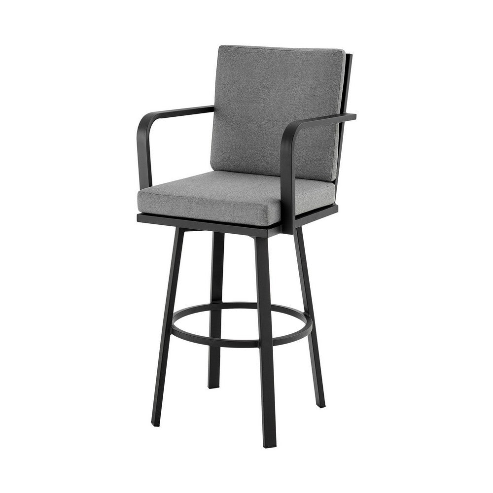 Benjara Faye 30 Inch Modern Patio Barstool, Black Aluminum Frame, Gray Cushions