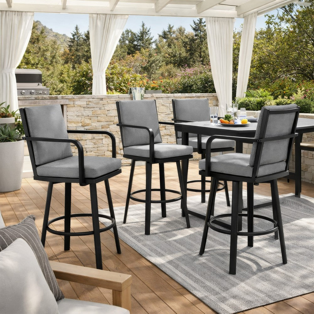 Benjara Faye 30 Inch Modern Patio Barstool, Black Aluminum Frame, Gray Cushions