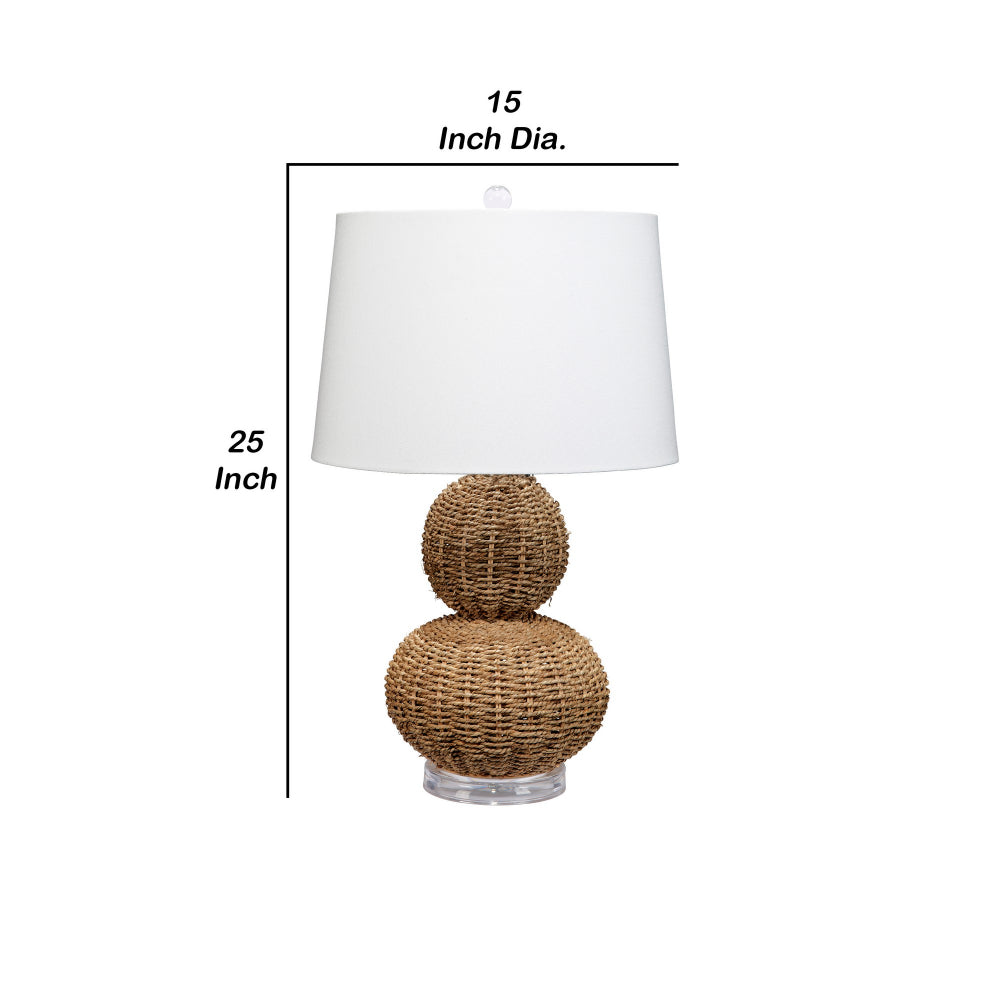 Benjara 25 Inch Table Lamp, Rattan Woven, Inverted Tapered Shade, White, Beige