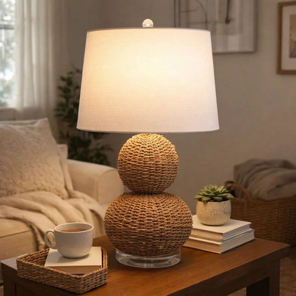 Benjara 25 Inch Table Lamp, Rattan Woven, Inverted Tapered Shade, White, Beige