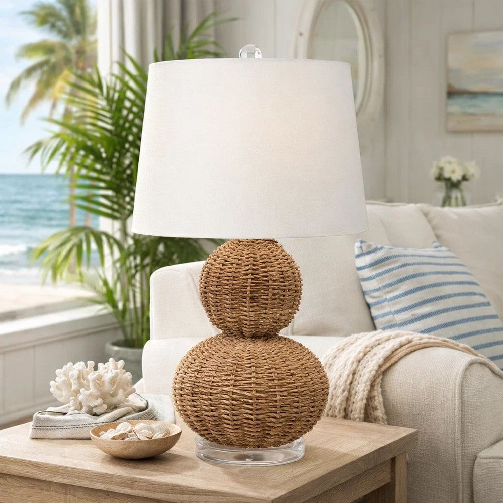 Benjara 25 Inch Table Lamp, Rattan Woven, Inverted Tapered Shade, White, Beige