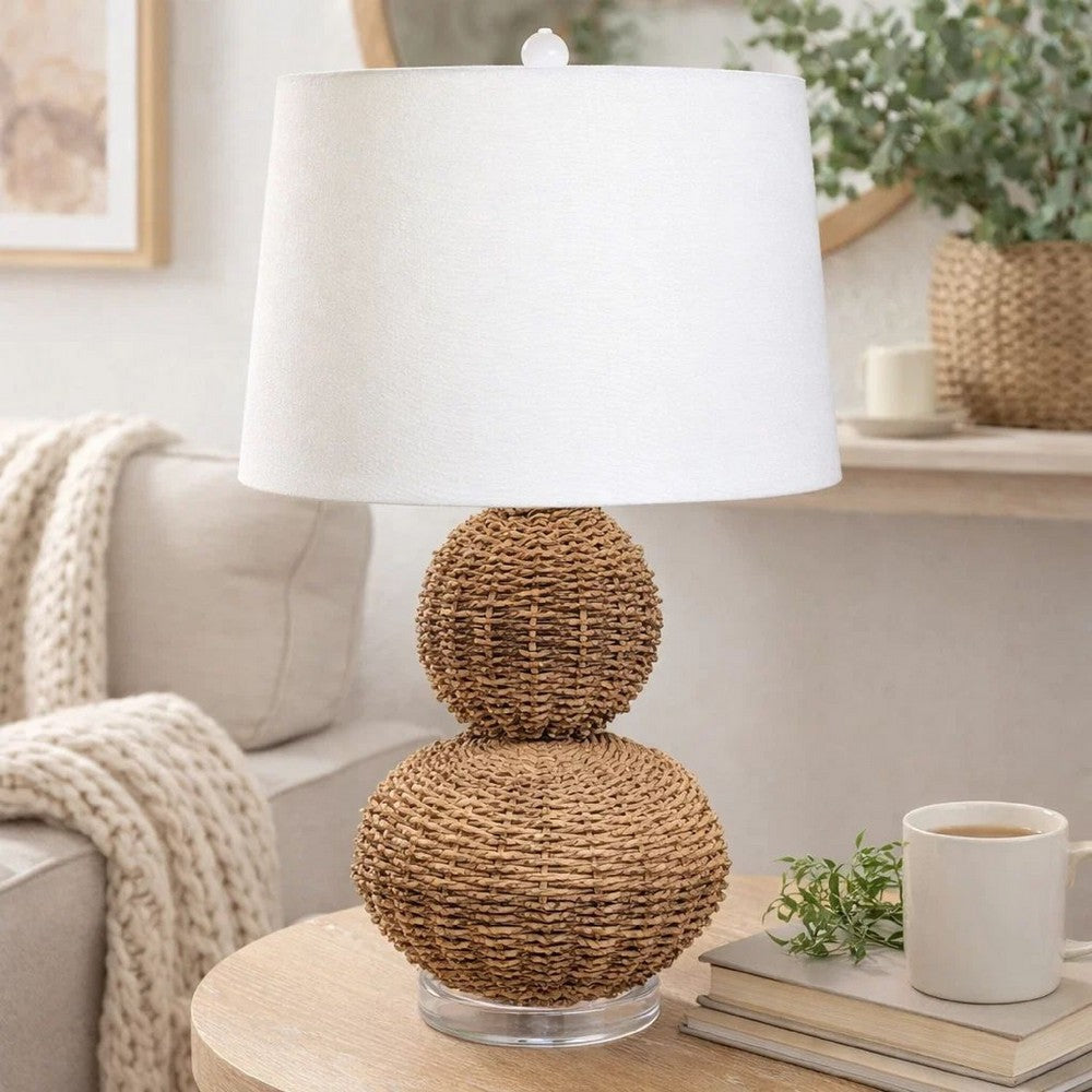 Benjara 25 Inch Table Lamp, Rattan Woven, Inverted Tapered Shade, White, Beige