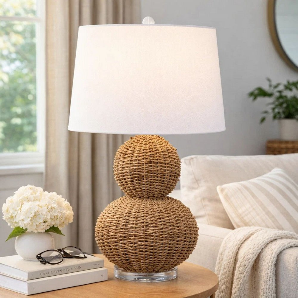 Benjara 25 Inch Table Lamp, Rattan Woven, Inverted Tapered Shade, White, Beige