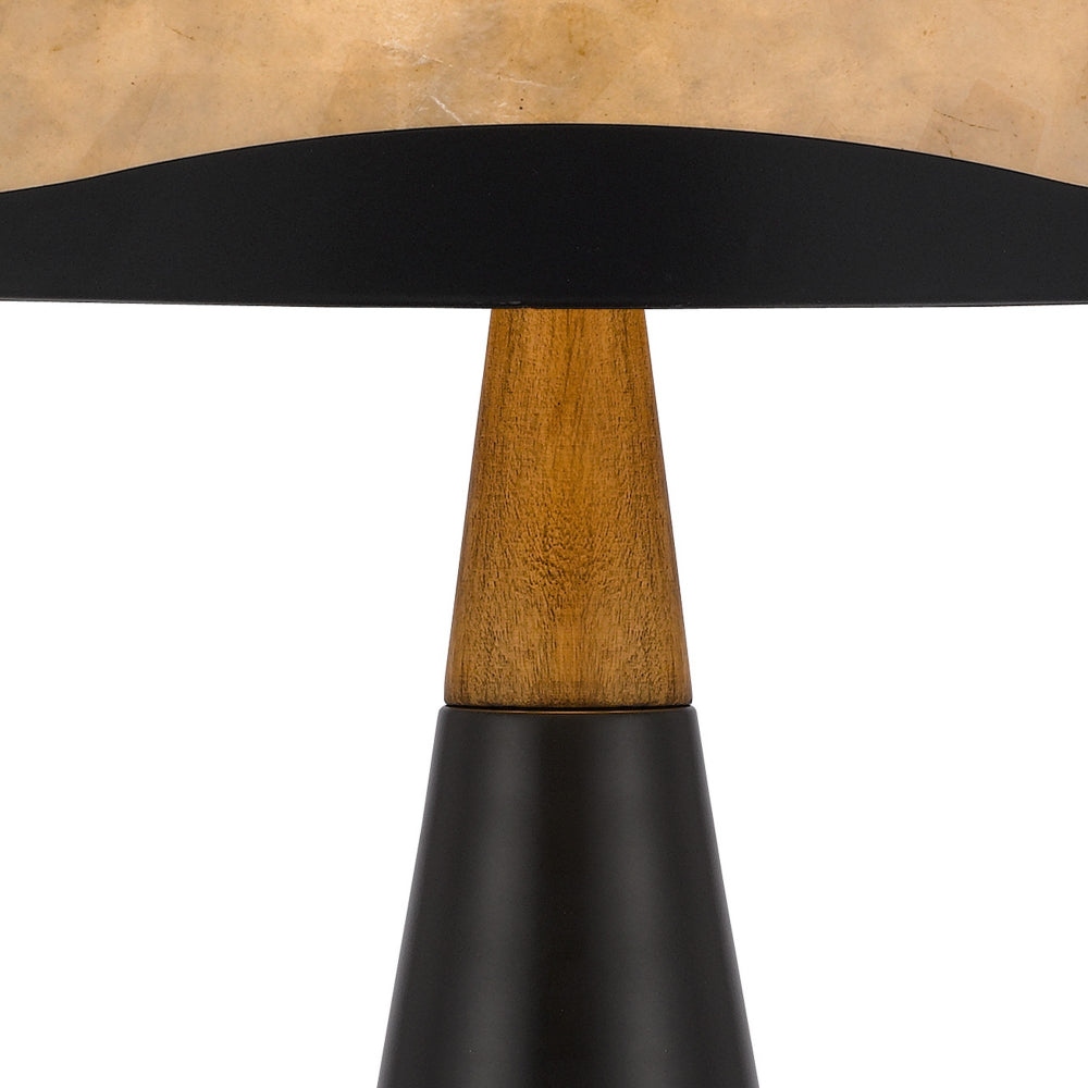 Benjara 30 Inch 3 Way Table Lamp, Beige Mica Shade, Rubberwood And Black Metal Body